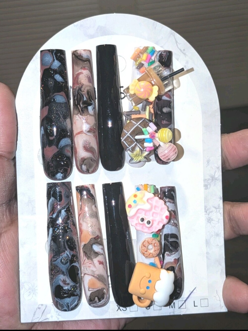 Hand Crafted 3Xl Black & Brown Marble Press-On Nails with Pastel 3D Candy Charms